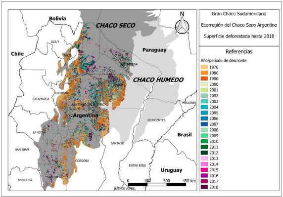 Representación geográfica de los desmontes en el Chaco Seco Argentino entre 1976 y 2018